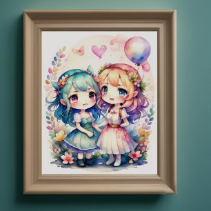 Affiche Aquarelle Peinture de Kawaii Chibi 2 Female III