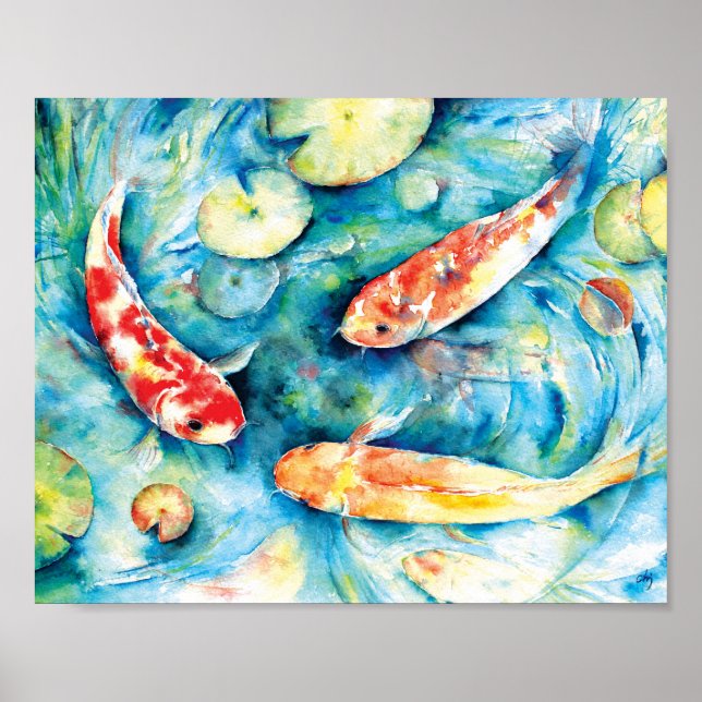 Affiche Aquarelle Peinture de Koi dans Lily Pond (Devant)