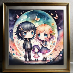 Affiche Aquarelle Peinture de la famille Kawaii Chibi 1:1