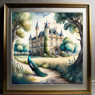 Affiche Aquarelle Peinture de Peacock et Château