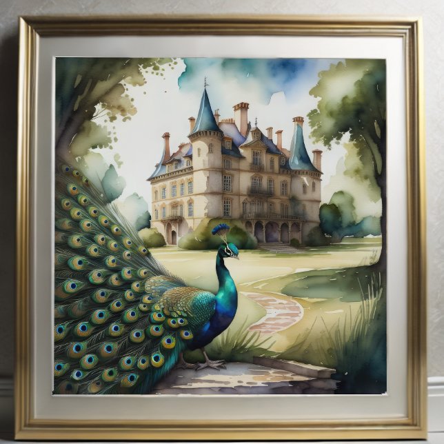 Affiche Aquarelle Peinture de Peacock et Château 1:1 (Créateur téléchargé)