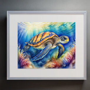 Affiche Aquarelle Peinture de tortue de mer colorée XI