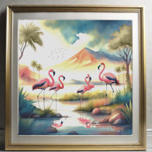 Aquarelle Peinture de troupeau de Flamants roses 1