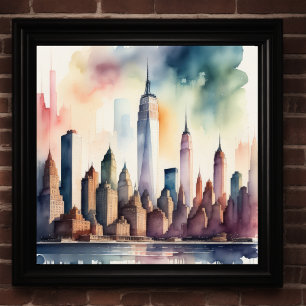Affiche Aquarelle Peinture de ville avec eau