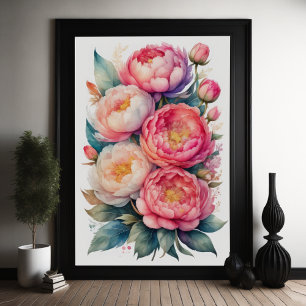 Affiche Aquarelle Peinture des pivoines roses II