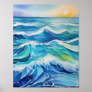 Affiche Aquarelle peinture des vagues bleues