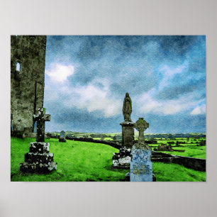 Affiche Aquarelle peinture du cimetière Rocher de Cashel