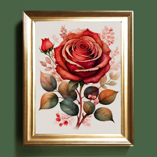 Affiche Aquarelle Peinture d'un Rose rouge