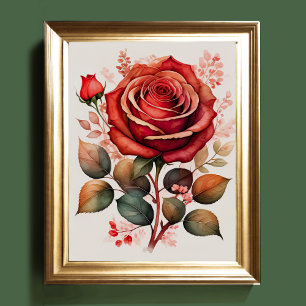 Affiche Aquarelle Peinture d'un Rose rouge