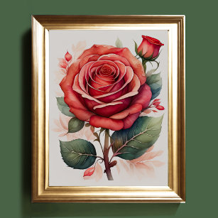 Affiche Aquarelle Peinture d'un Rose Rouge II
