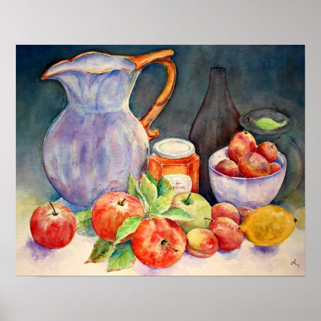 Affiche Aquarelle Peinture Fruit et Jug Vie morte (Devant)