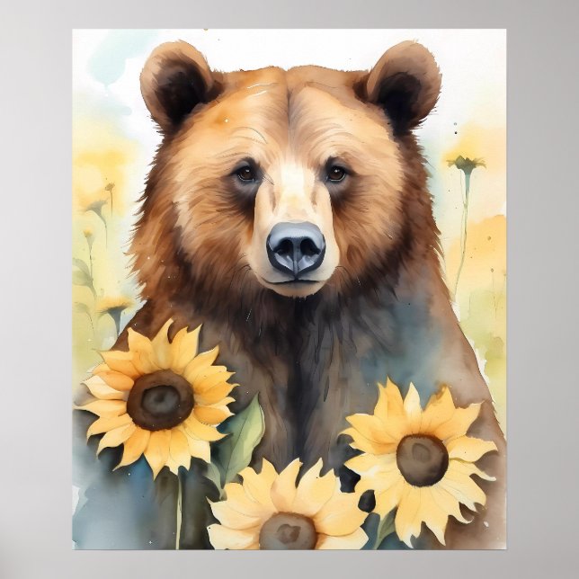 Affiche Aquarelle Peinture Ours Brown Et Fleurs De Soleil (Devant)