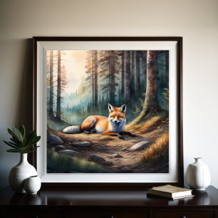 Affiche Aquarelle Peinture Renard couché dans la forêt 1:1