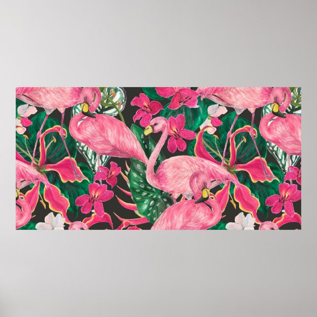 Affiche Aquarelle peinture sans couture motif avec flamant (Devant)