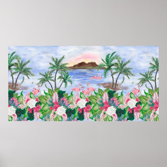 Affiche Aquarelle peinture sans couture motif avec hawaïen (Devant)