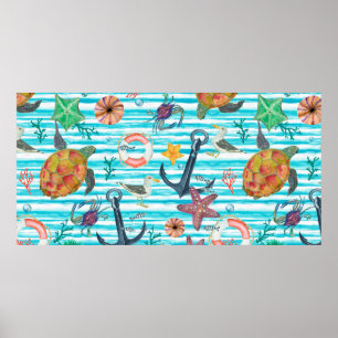 Affiche Aquarelle peinture sans couture motif avec tortues