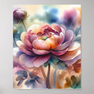Affiche Aquarelle Peony en pleine floraison