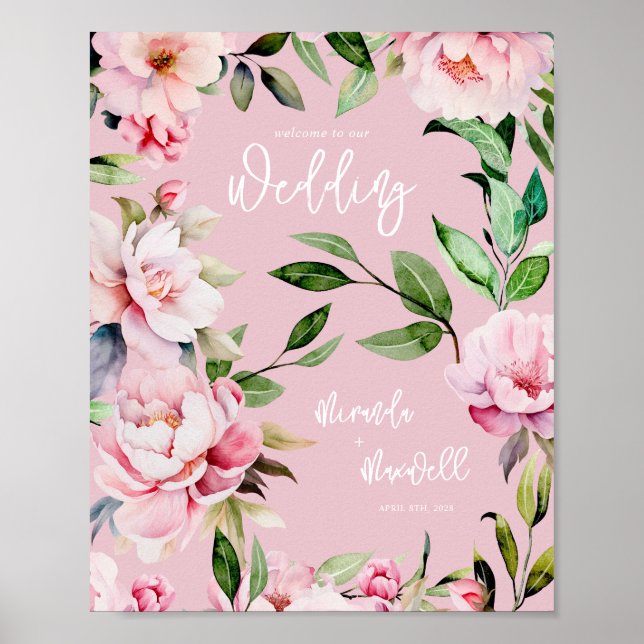 Affiche Aquarelle Peony Magnolia Mariage Welcome Pink (Devant)