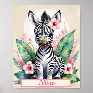 Affiche Aquarelle personnalisée Zebra Baby Girl Nursery Ar
