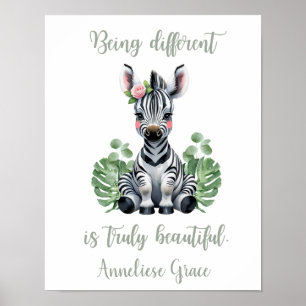 Affiche Aquarelle personnalisée Zebra Girl Safari Nursery
