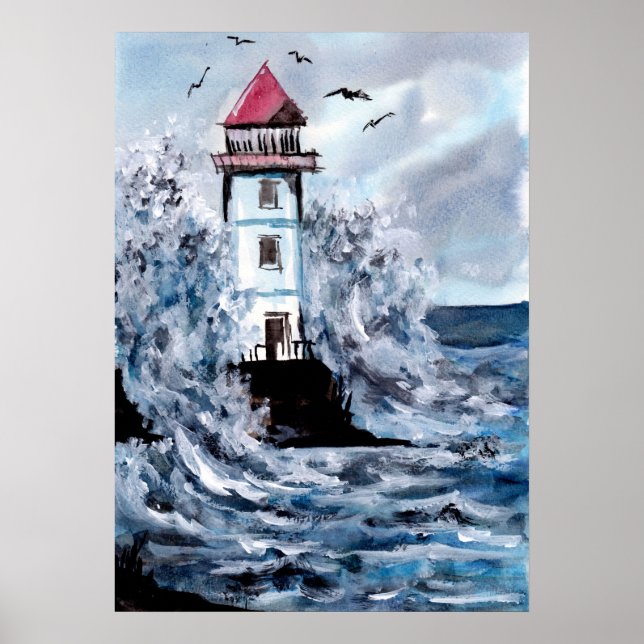 Affiche Aquarelle phare et tempête (Devant)