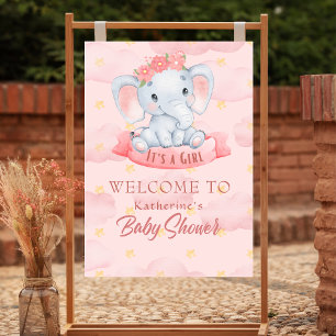 Affiche Aquarelle Pink fleoral éléphant Baby shower fille