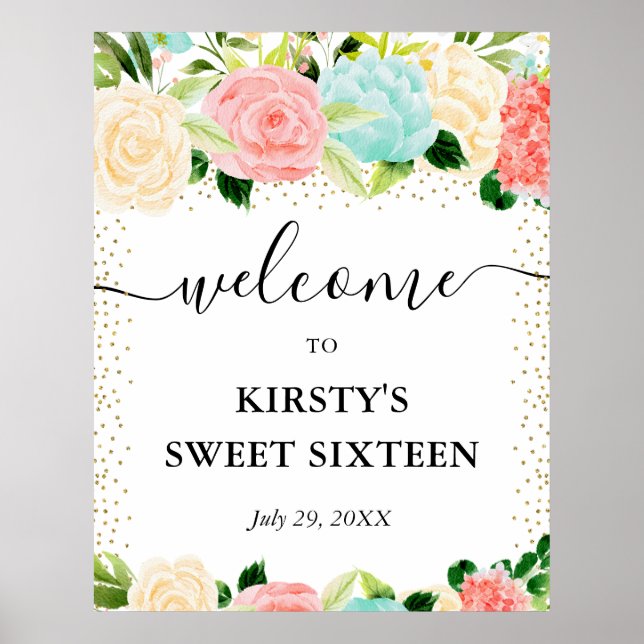 Affiche Aquarelle Pink Mint Fleurs Sweet 16 Bienvenue (Devant)