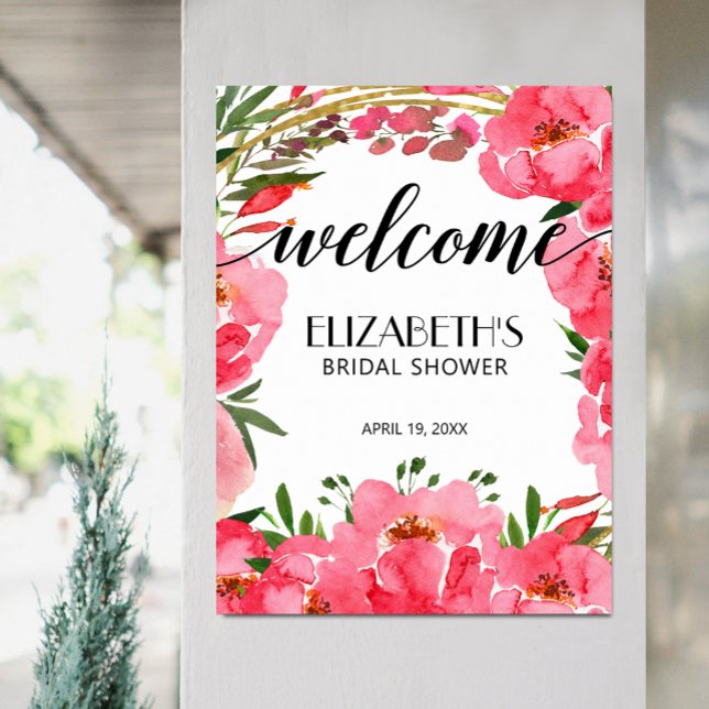 Affiche Aquarelle Pink Peonies Fête des mariées Bienvenue (Pink Peony Flowers Bridal Shower Welcome Poster, PRINTED or INSTANT DOWNLOAD)