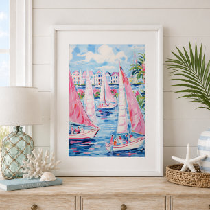Affiche Aquarelle Pink Sailboats Côtier tropical