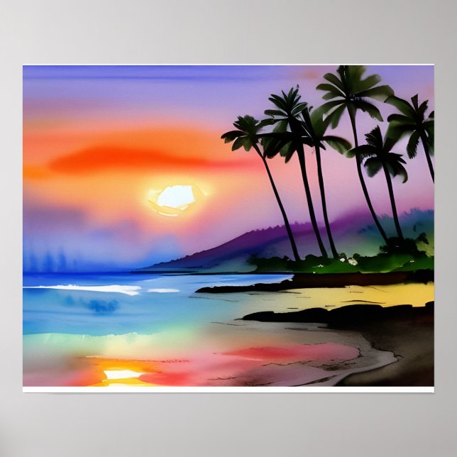 Affiche Aquarelle Pittoresque de plage Tropical (Devant)
