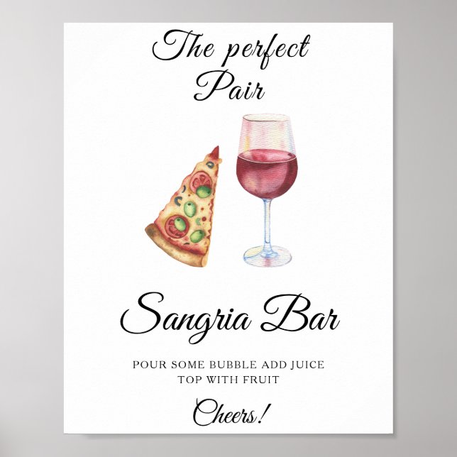 Affiche Aquarelle Pizza Vin douche nuptiale Sangria bar (Devant)