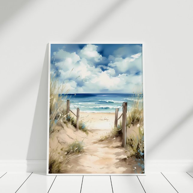 Affiche Aquarelle Plage Côtière Illustration Mur Art (Watercolor Coastal Beach Illustration Wall Art in a white frame)