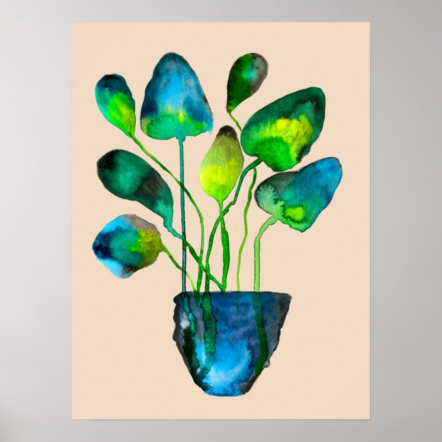Affiche Aquarelle plante art vert et bleu abstrait (Devant)