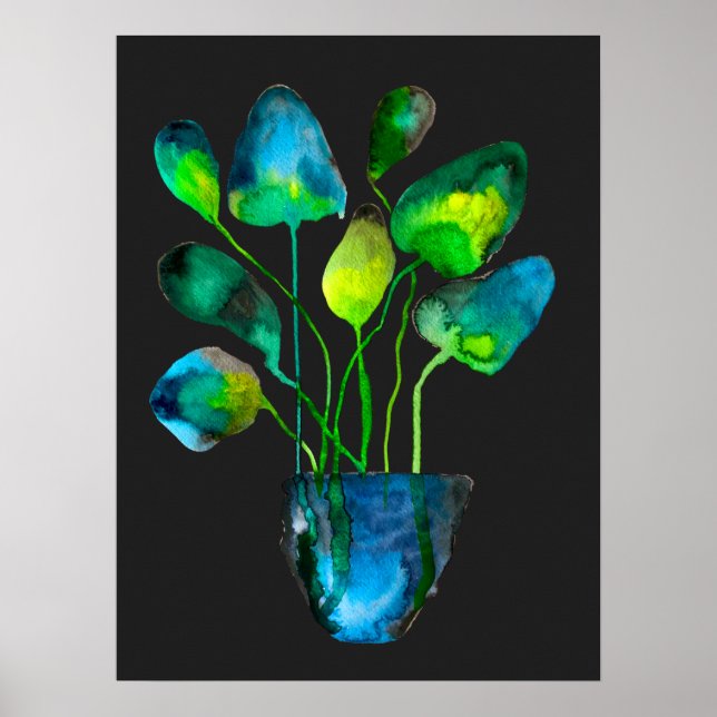 Affiche Aquarelle plante art vert et bleu abstrait (Devant)