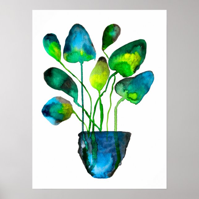 Affiche Aquarelle plante art vert et bleu abstrait (Devant)
