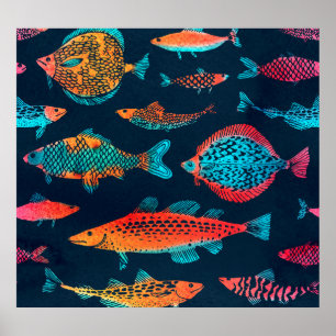 Affiche Aquarelle Poissons : Bleu Profond Sans Mer
