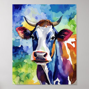 Affiche Aquarelle Pop Art Vache Colorée