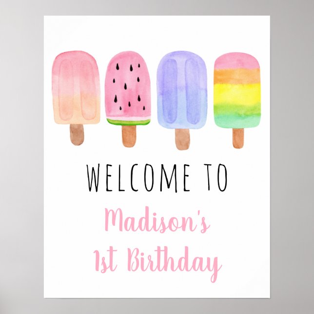 Affiche Aquarelle Popsicle Rose Girl Accueil d'anniversair (Devant)