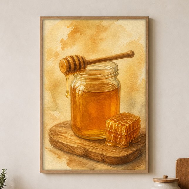 Affiche aquarelle Pot à miel et cuillère (Shown framed for scale. Poster ships unframed; frames are an optional add-on.)