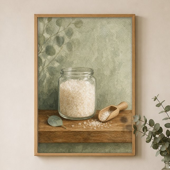 Affiche aquarelle Pot de sels de bain et cuillère (Shown framed for scale. Poster ships unframed; frames are an optional add-on.)