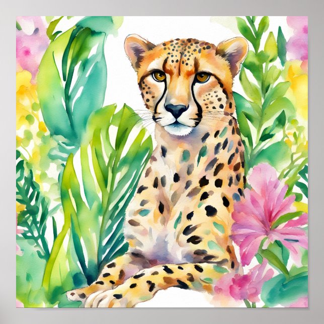 Affiche Aquarelle Preppy Palm Beach Cheetah en Fleurs (Devant)