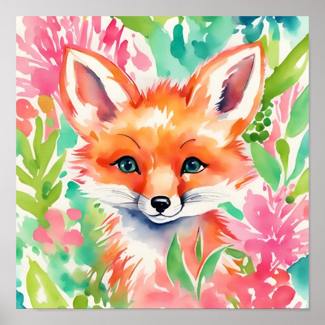 Affiche Aquarelle Preppy Palm Beach Fox en fleurs (Devant)