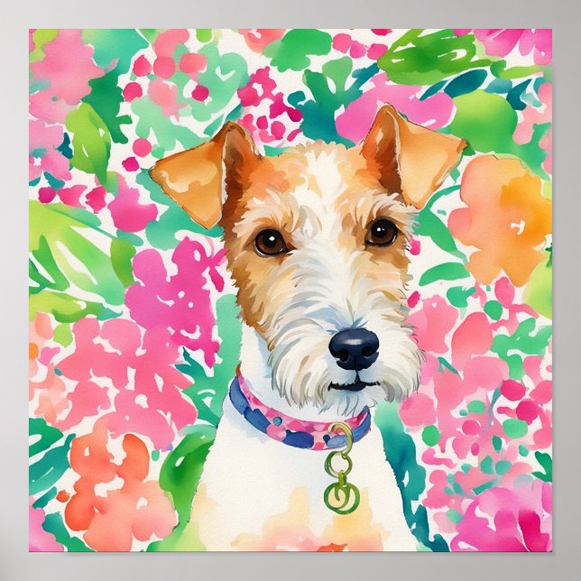 Affiche Aquarelle Preppy Palm Beach Fox Terrier Chien (Devant)
