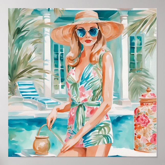 Affiche Aquarelle Preppy Palm Beach Girl à la piscine (Devant)