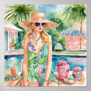 Affiche Aquarelle Preppy Palm Beach Girl à la piscine