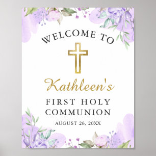 Affiche Aquarelle Purple Floral Première Communion Bienven