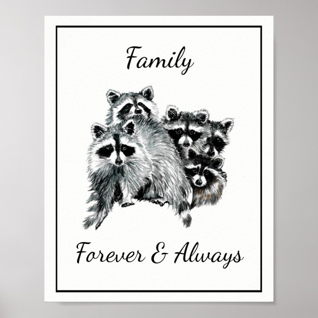 Affiche Aquarelle Raccoons Famille Pour toujours et toujou (Devant)