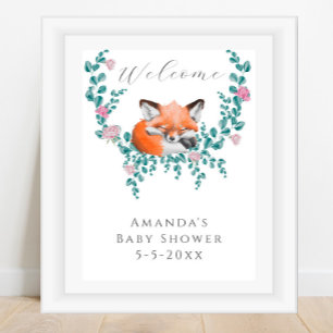 Affiche Aquarelle renard en fleurs baby shower d'accueil