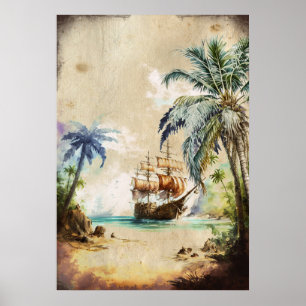 Affiche Aquarelle Rétro Pirate Bateau Palmiers vieux papie
