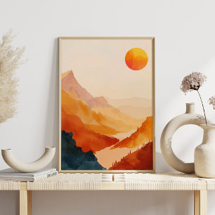 Affiche Aquarelle Retro Sunset Mountain Landcape